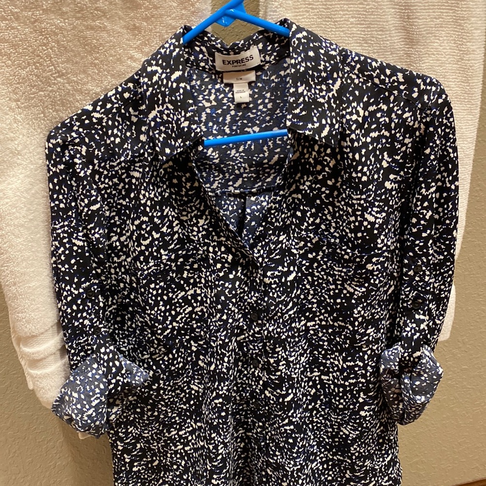 Express Slim Fit Portofino Button Down Long-Sleeve Blouse Large Blue/White